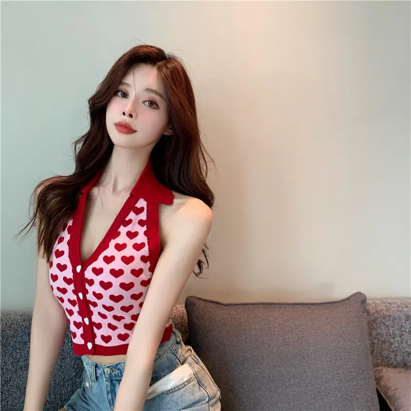 Women V-Neck Knitted Red Sweater Top — feature 3