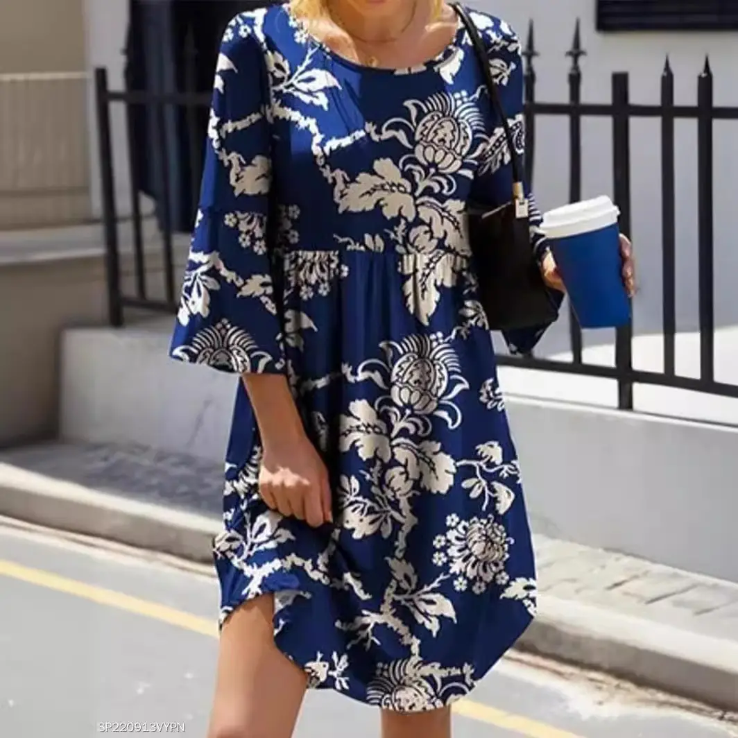 Women Printed Large Waist Dress Spring Summer Loose Fit - Image 15
