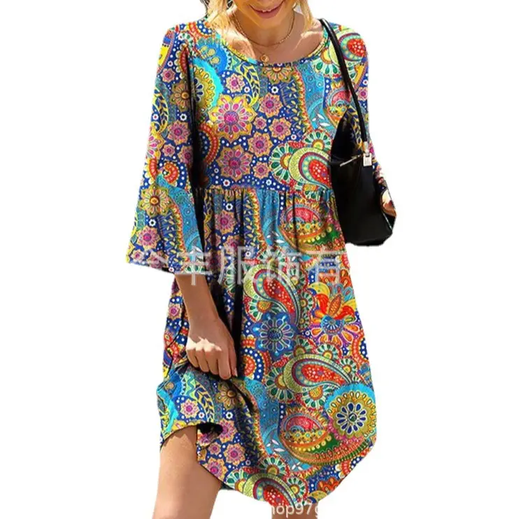 Women Printed Large Waist Dress Spring Summer Loose Fit - Image 17