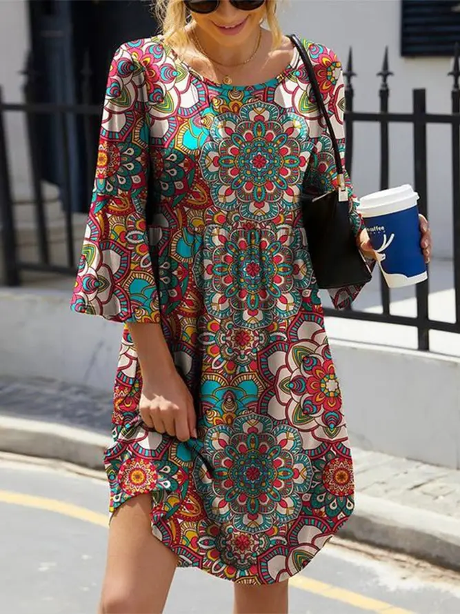 Women Printed Large Waist Dress Spring Summer Loose Fit - Image 13