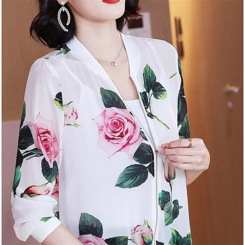 Chiffon Printed Bomber Jacket Black Plus Size Women - Image 4
