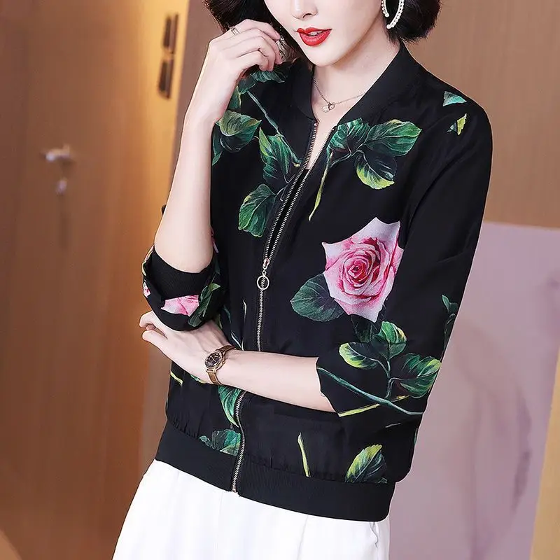 Chiffon Printed Bomber Jacket Black Plus Size Women - Image 5