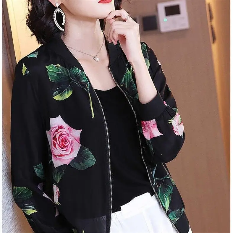 Chiffon Printed Bomber Jacket Black Plus Size Women - Image 6