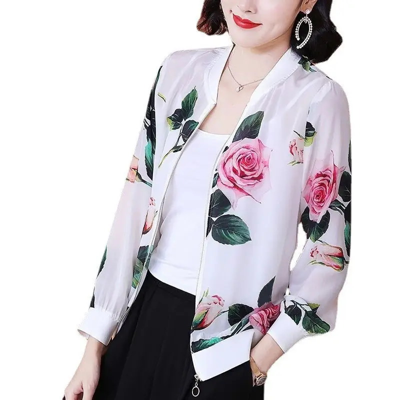Chiffon Printed Bomber Jacket Black Plus Size Women - Image 7