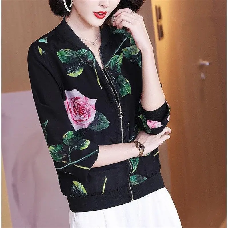 Chiffon Printed Bomber Jacket Black Plus Size Women - Image 2