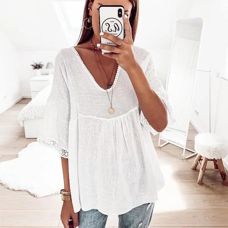 5-Sleeve V-Neck T-Shirt Women Blue Lace Trim - Image 6