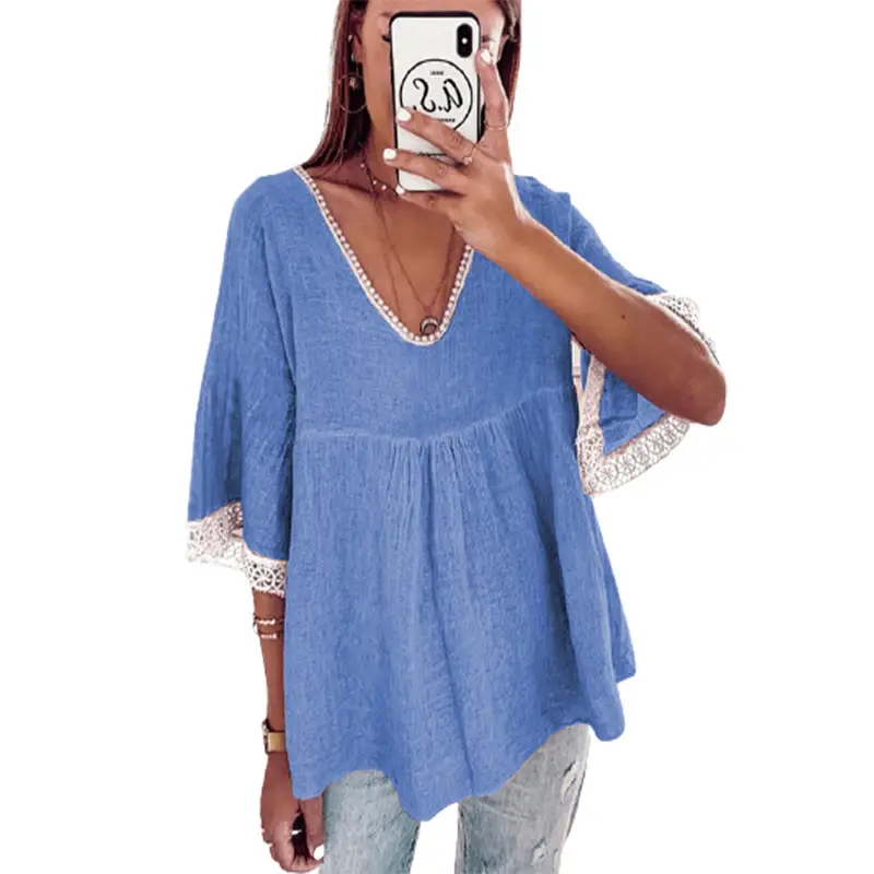 5-Sleeve V-Neck T-Shirt Women Blue Lace Trim - Image 7