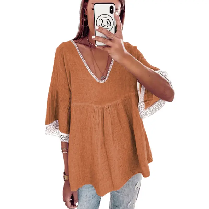5-Sleeve V-Neck T-Shirt Women Blue Lace Trim - Image 4