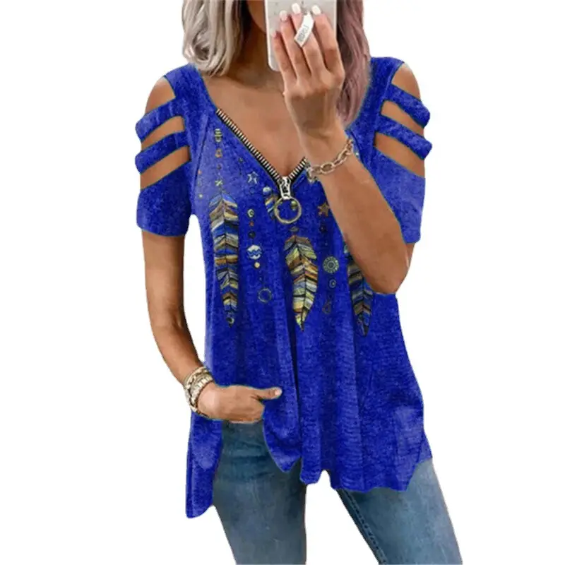 Women's V Neck Zipper Pullover Printed Blue Floral - Image 17