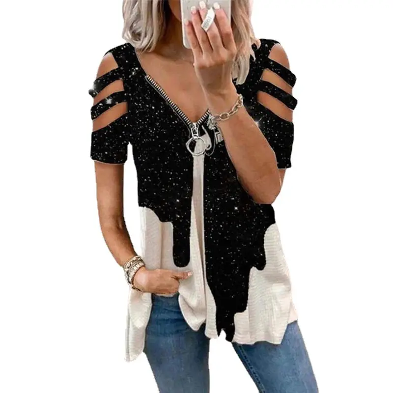 Women's V Neck Zipper Pullover Printed Blue Floral - Image 19