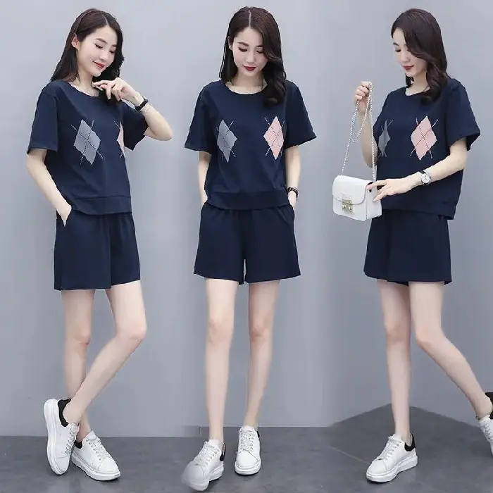 Women Casual Navy Shorts Set Large Summer Wear - Image 2