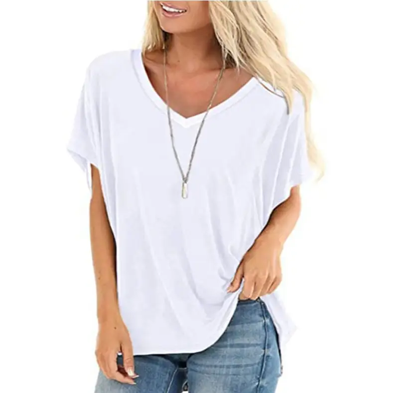Women Green V-Neck Plus Size T-Shirt Casual Summer - Image 3