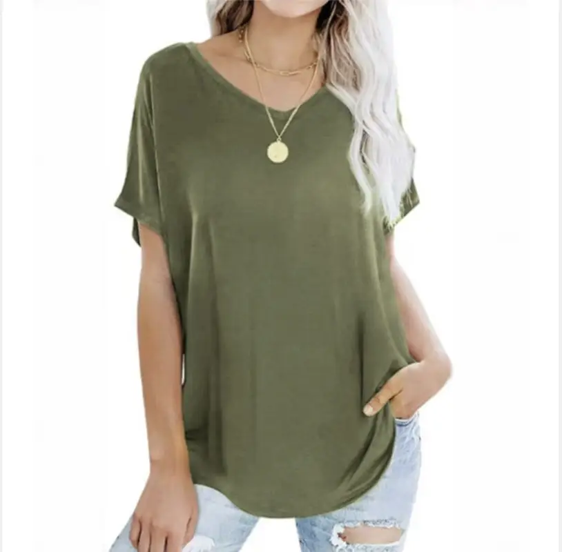 Women Green V-Neck Plus Size T-Shirt Casual Summer - Image 7