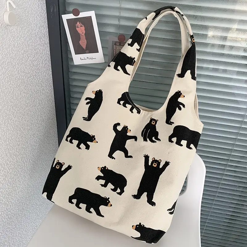 Women Canvas Bear Print Shoulder Bag Large Capacity - Image 2