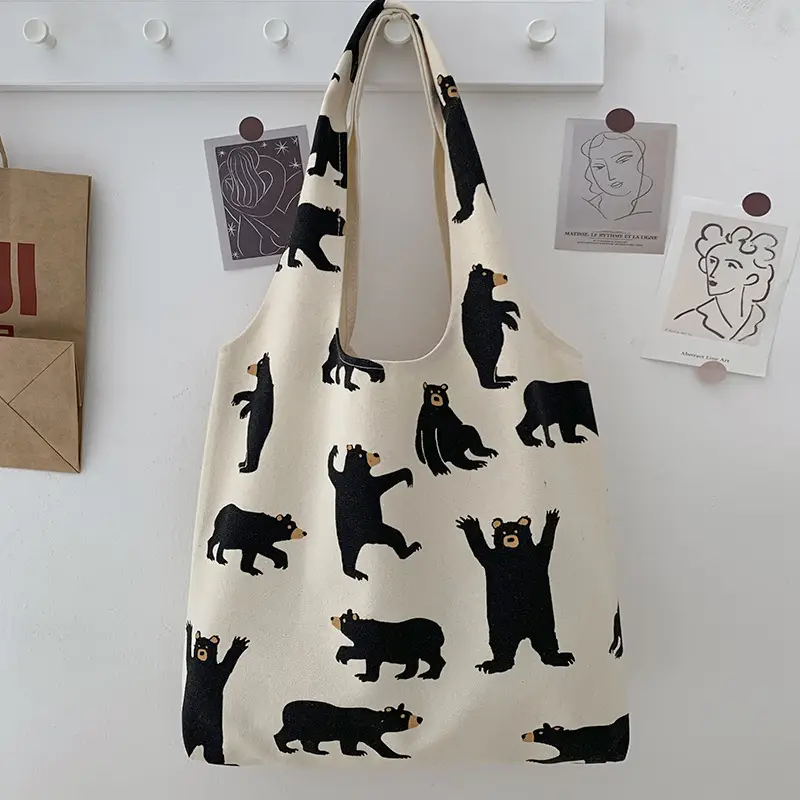 Women Canvas Bear Print Shoulder Bag Large Capacity - Image 3