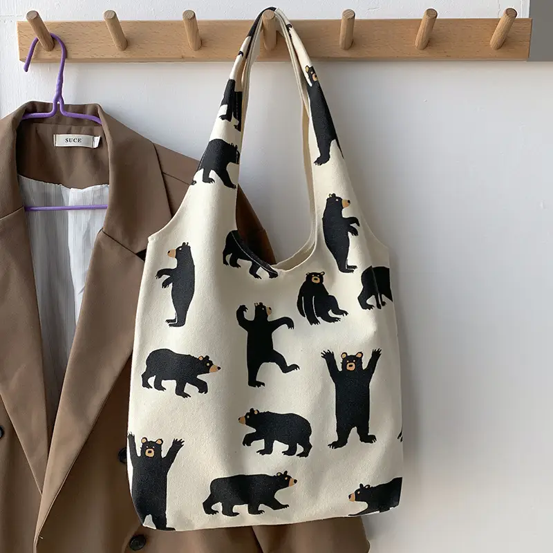 Women Canvas Bear Print Shoulder Bag Large Capacity - Image 4