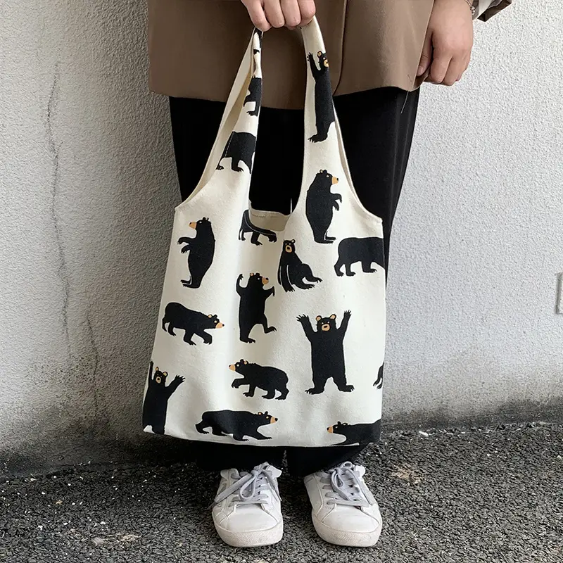 Women Canvas Bear Print Shoulder Bag Large Capacity - Image 5