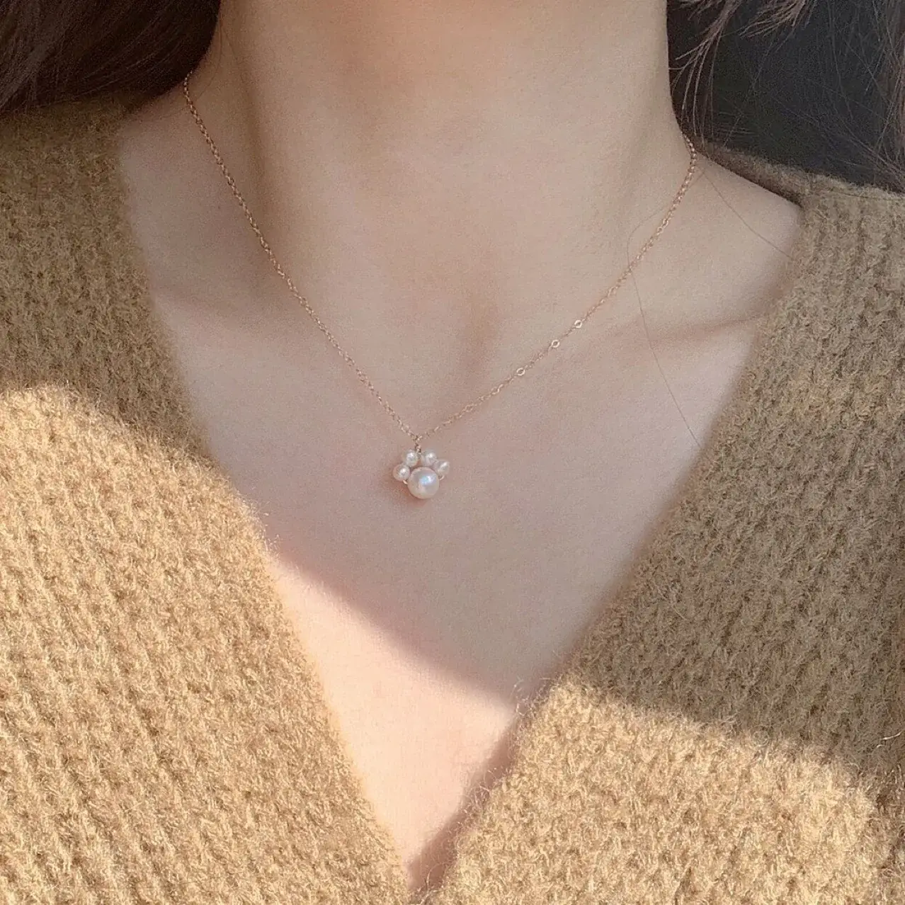 Natural Pearl Kitten Claw Necklace 14K Gold Collar - Image 3