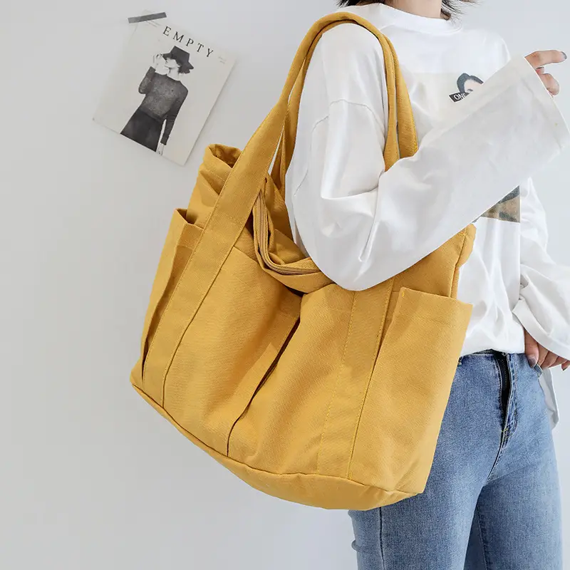 Harajuku Style Canvas Shoulder Bag Yellow Large Capacity - Image 5