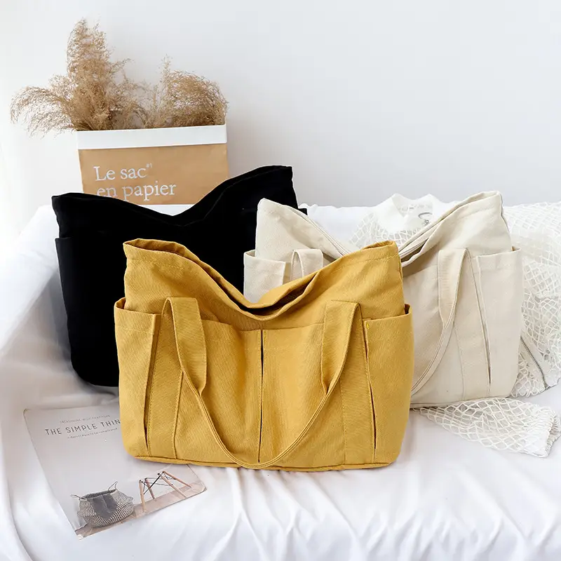 Harajuku Style Canvas Shoulder Bag Yellow Large Capacity - Image 7