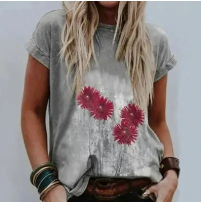 Women Casual Printed T-Shirt Grey Red Floral Short Sleeve - Image 2