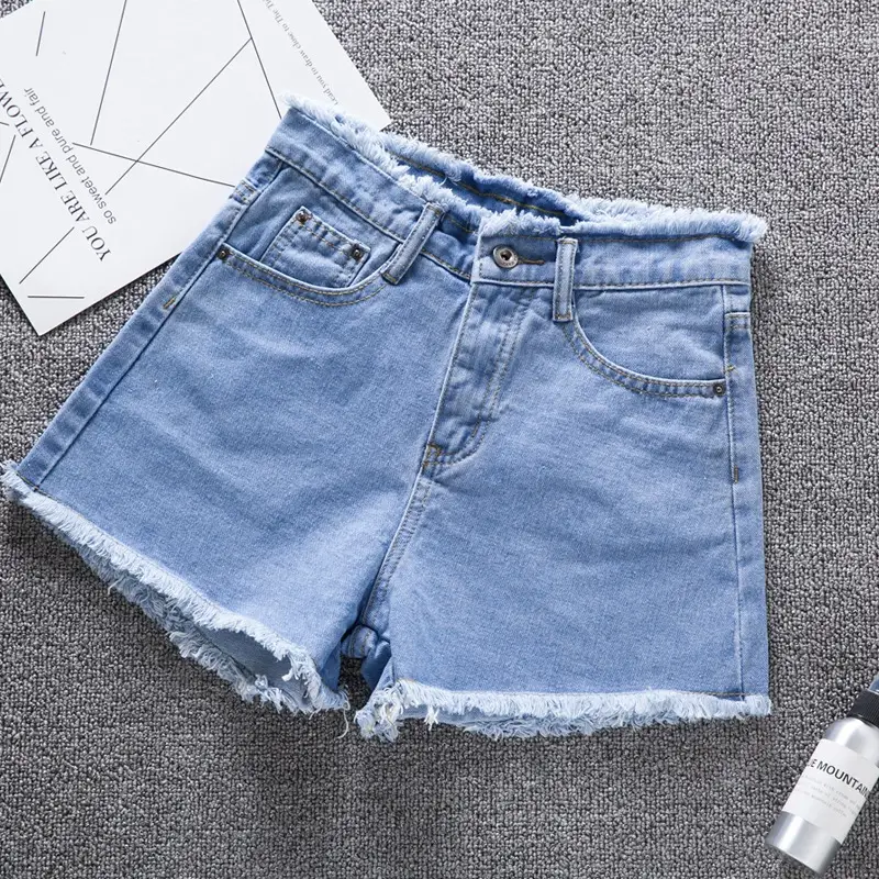 Women Blue Denim Shorts High Waist Frayed Edge 2021 - Image 3