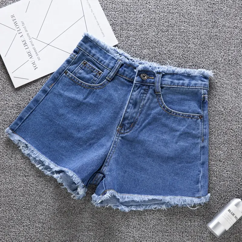 Women Blue Denim Shorts High Waist Frayed Edge 2021 - Image 4