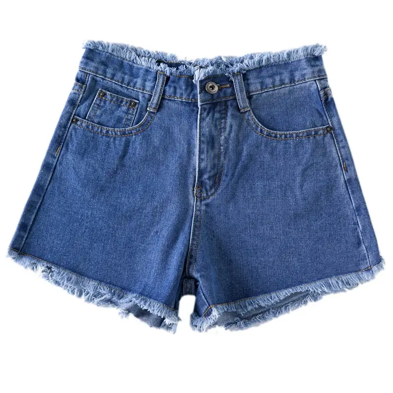 Women Blue Denim Shorts High Waist Frayed Edge 2021 - Image 8
