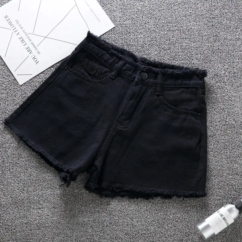 Women Blue Denim Shorts High Waist Frayed Edge 2021 - Image 2