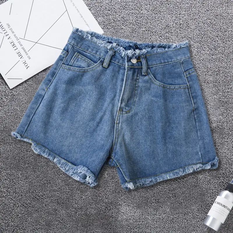 Women Blue Denim Shorts High Waist Frayed Edge 2021 - Image 5