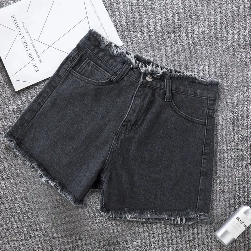 Women Blue Denim Shorts High Waist Frayed Edge 2021 - Image 6