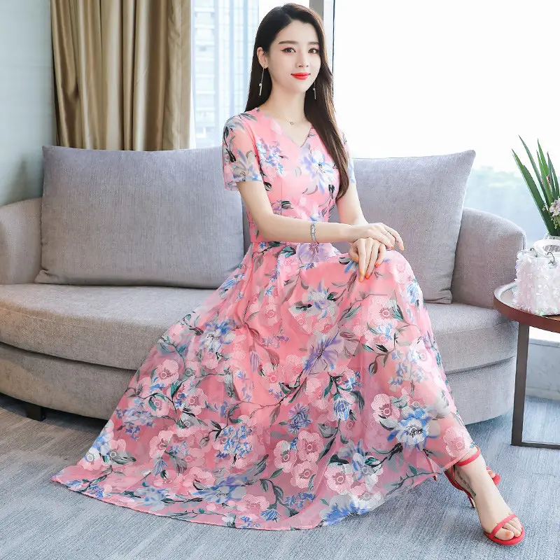 Pink Floral Printed Long Swing Dress for Women - Image 5