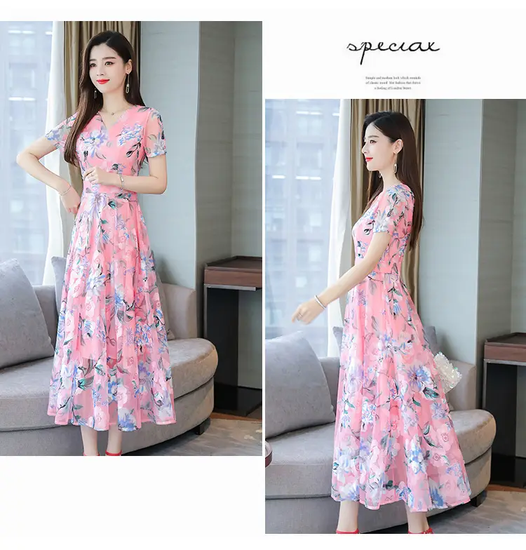 Pink Floral Printed Long Swing Dress for Women — feature 11