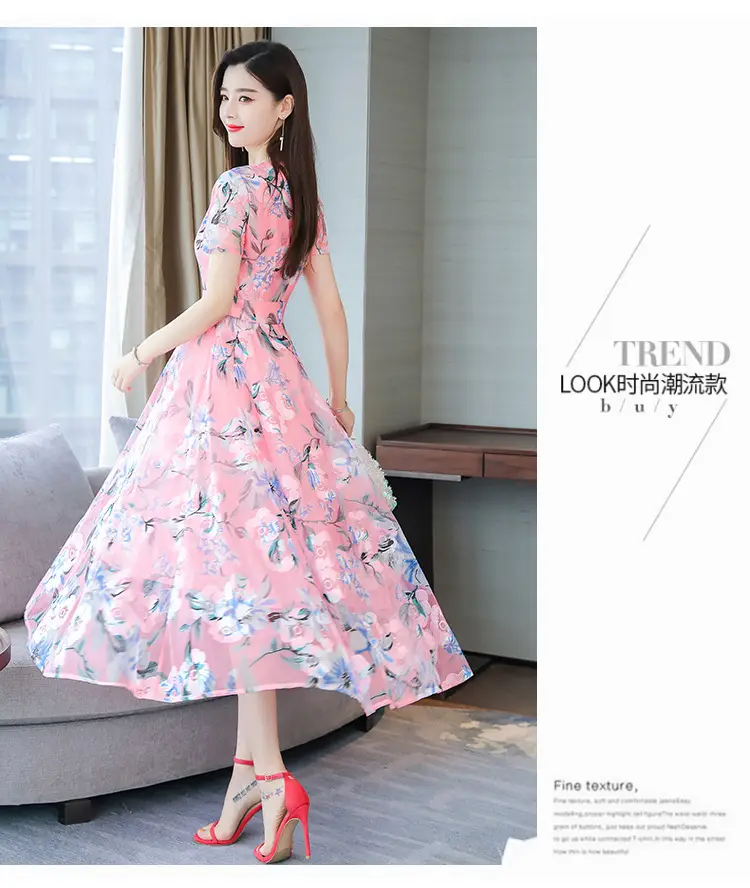 Pink Floral Printed Long Swing Dress for Women — feature 12