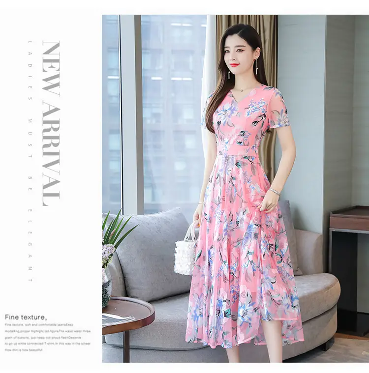 Pink Floral Printed Long Swing Dress for Women — feature 13