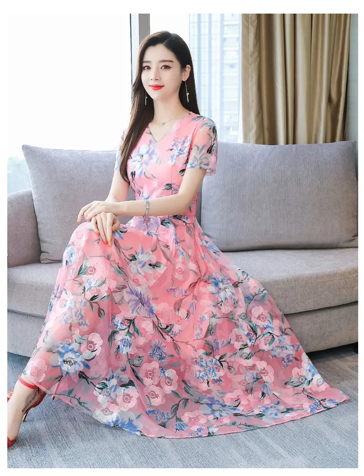 Pink Floral Printed Long Swing Dress for Women — feature 14