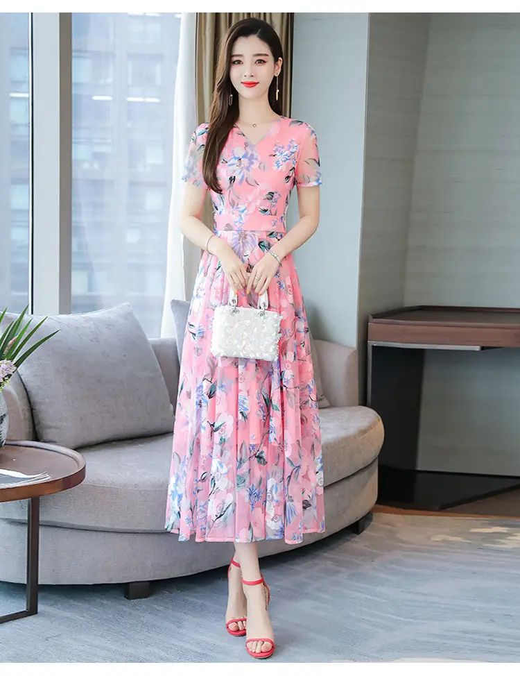 Pink Floral Printed Long Swing Dress for Women — feature 15