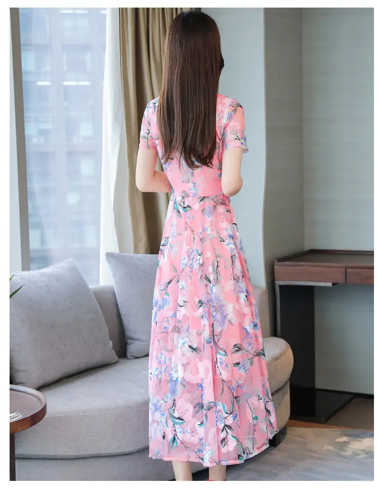 Pink Floral Printed Long Swing Dress for Women — feature 16