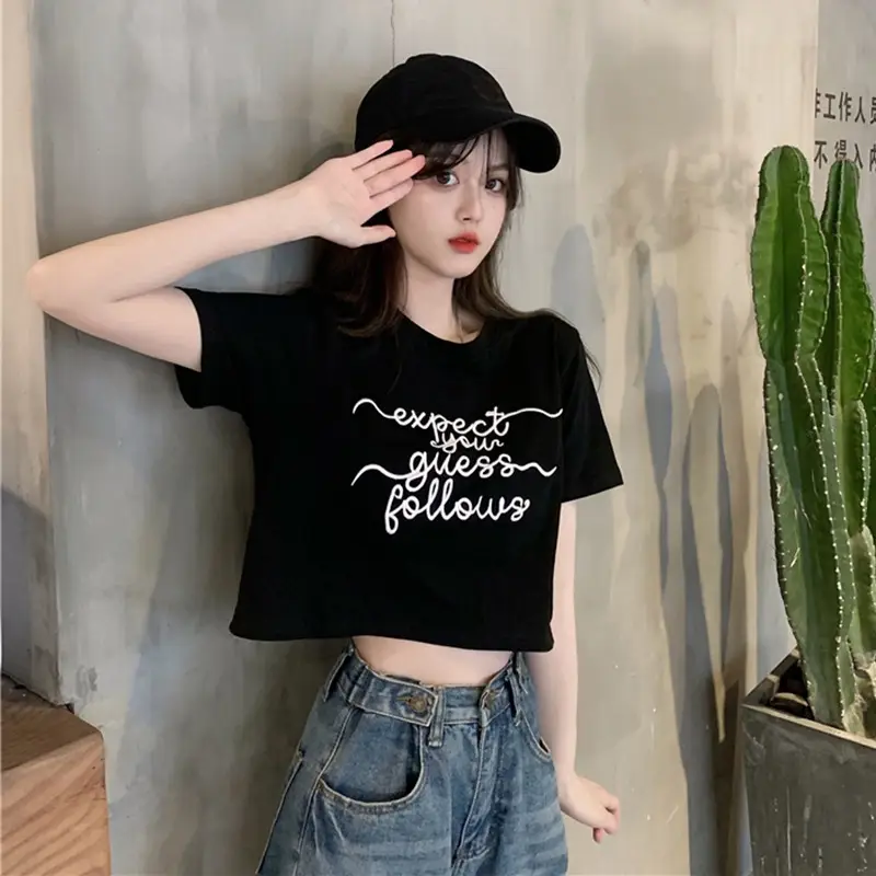 Women Letter Embroidered Crop Top White Black Jeans Set - Image 4