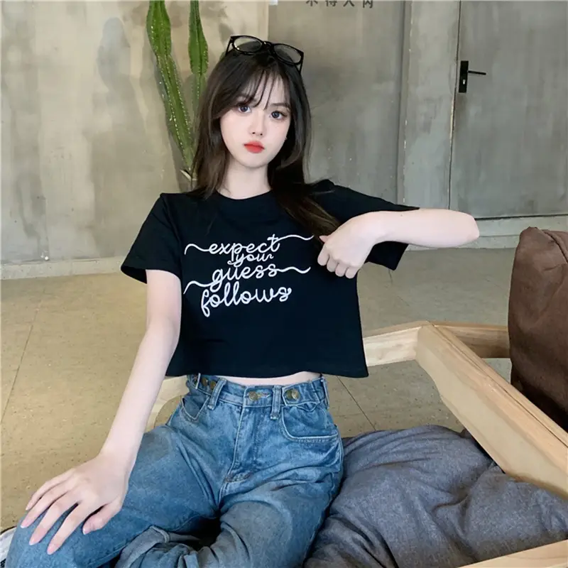 Women Letter Embroidered Crop Top White Black Jeans Set - Image 6