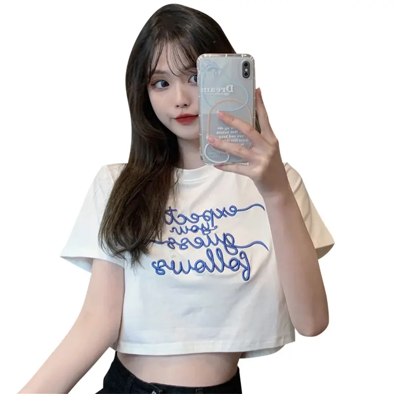 Women Letter Embroidered Crop Top White Black Jeans Set - Image 7