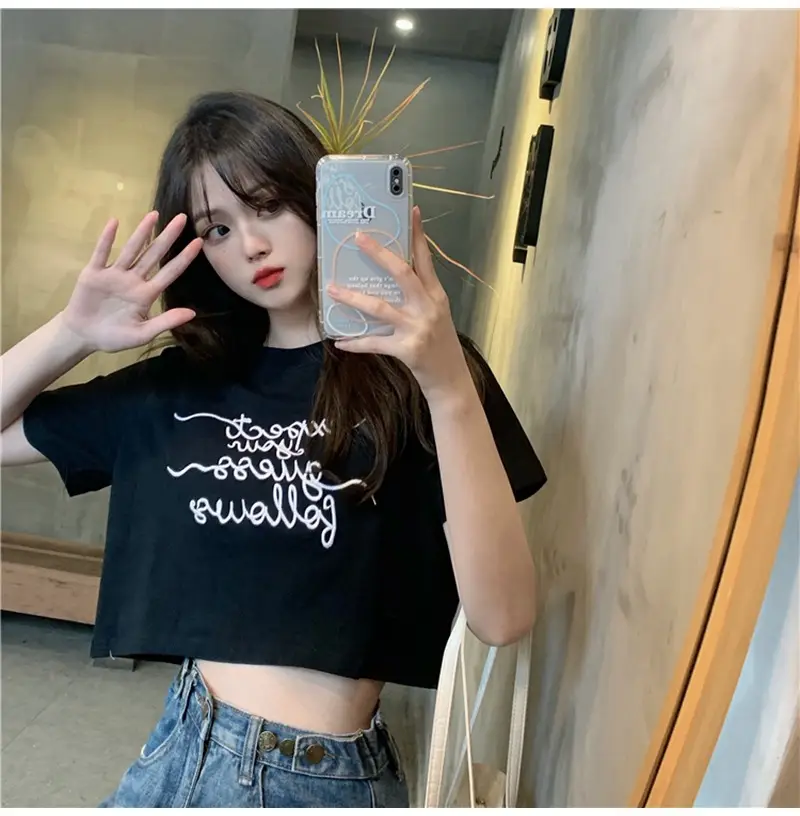 Women Letter Embroidered Crop Top White Black Jeans Set — feature 10