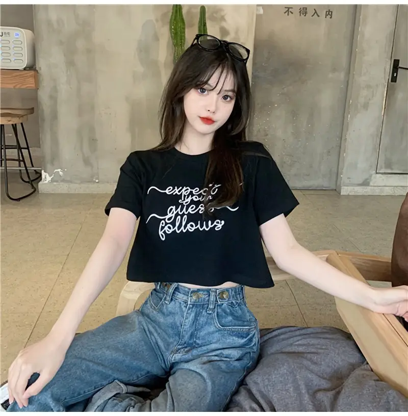 Women Letter Embroidered Crop Top White Black Jeans Set — feature 11