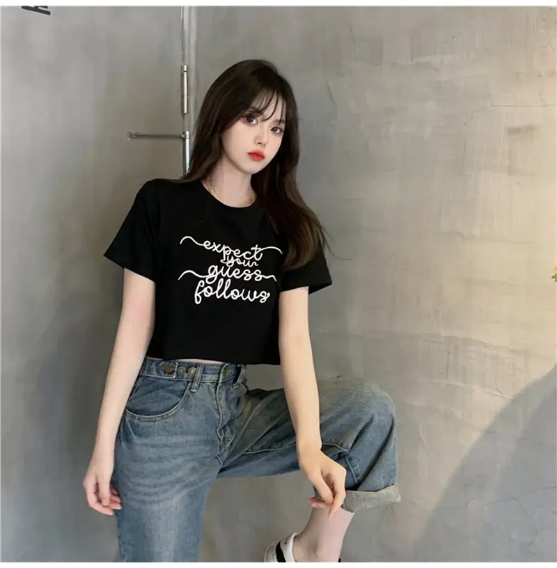 Women Letter Embroidered Crop Top White Black Jeans Set — feature 12