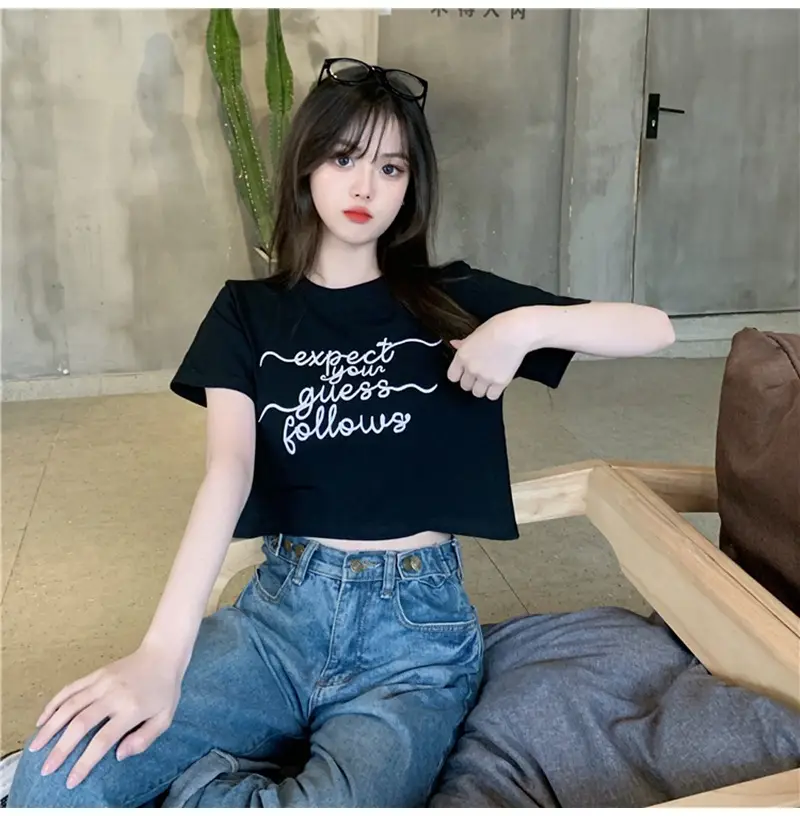 Women Letter Embroidered Crop Top White Black Jeans Set — feature 14