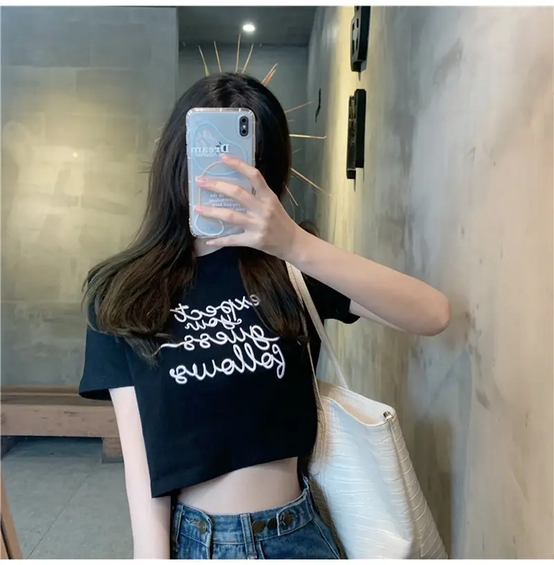 Women Letter Embroidered Crop Top White Black Jeans Set — feature 15