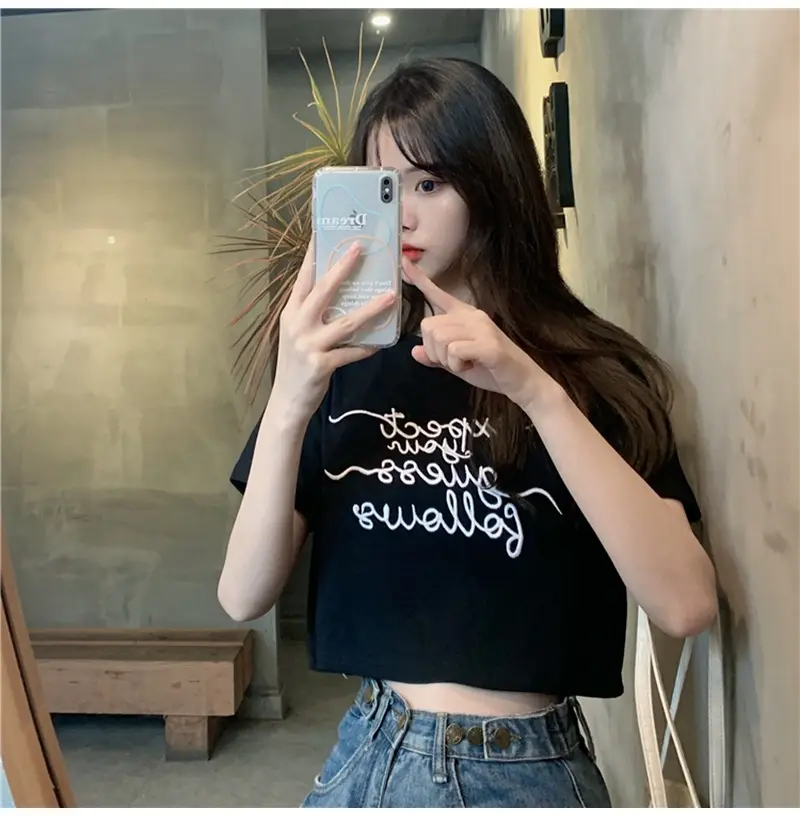 Women Letter Embroidered Crop Top White Black Jeans Set — feature 16