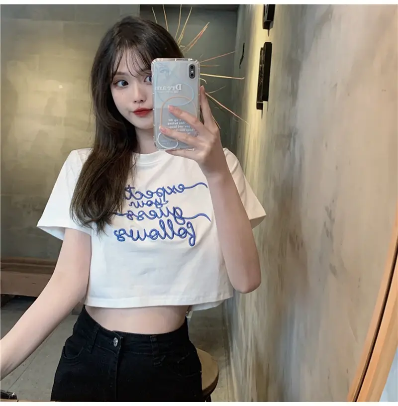 Women Letter Embroidered Crop Top White Black Jeans Set — feature 2