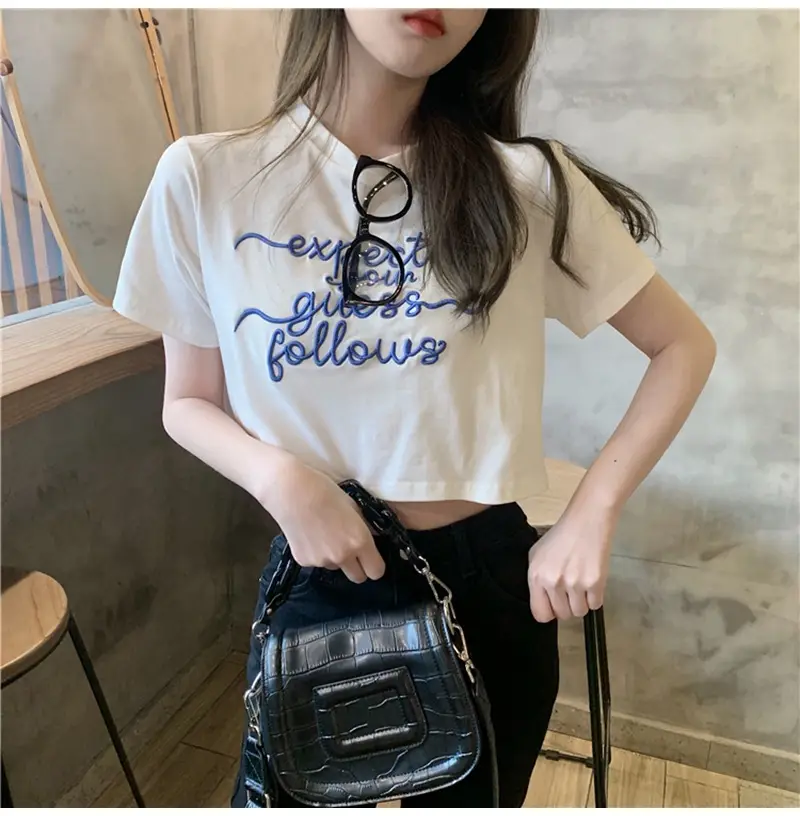 Women Letter Embroidered Crop Top White Black Jeans Set — feature 3