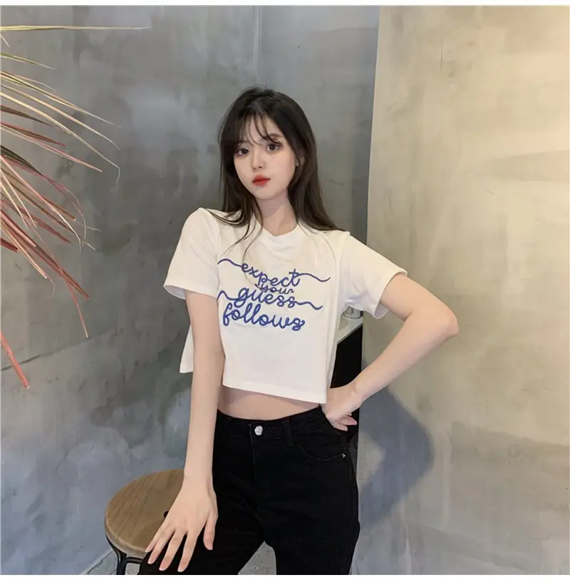 Women Letter Embroidered Crop Top White Black Jeans Set — feature 4